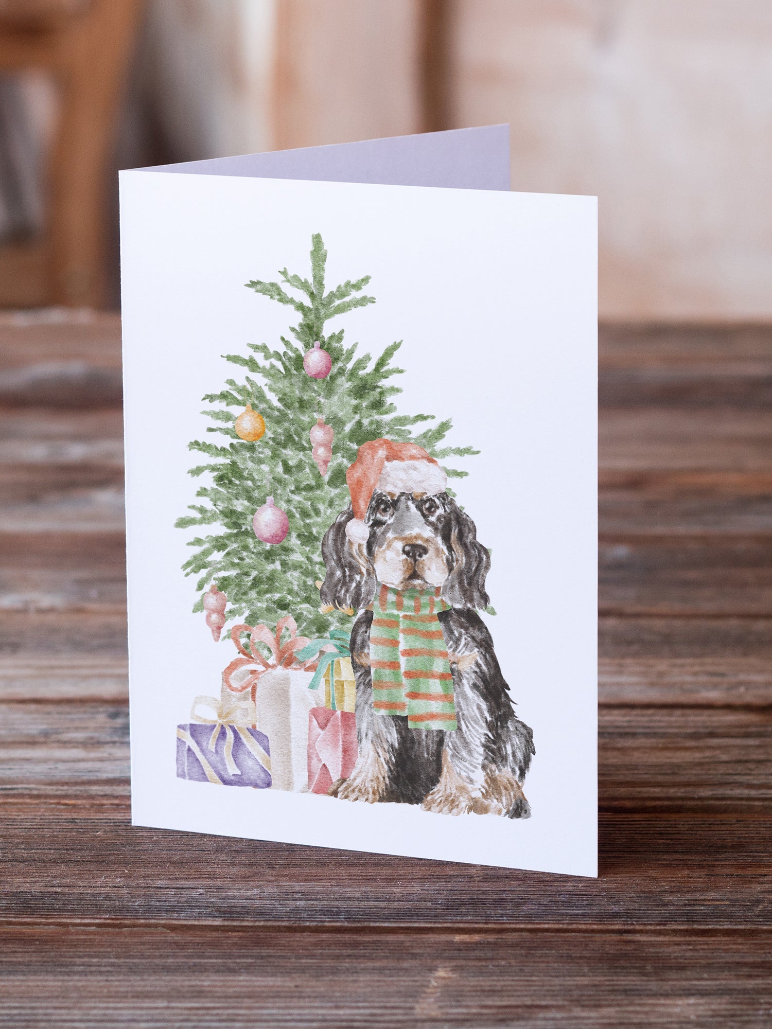Cocker Spaniel English Black Tan Christmas Presents and Tree Greeting Cards Pack of 8 Blank Cards with Envelopes Whimsical A7 Size 5x7