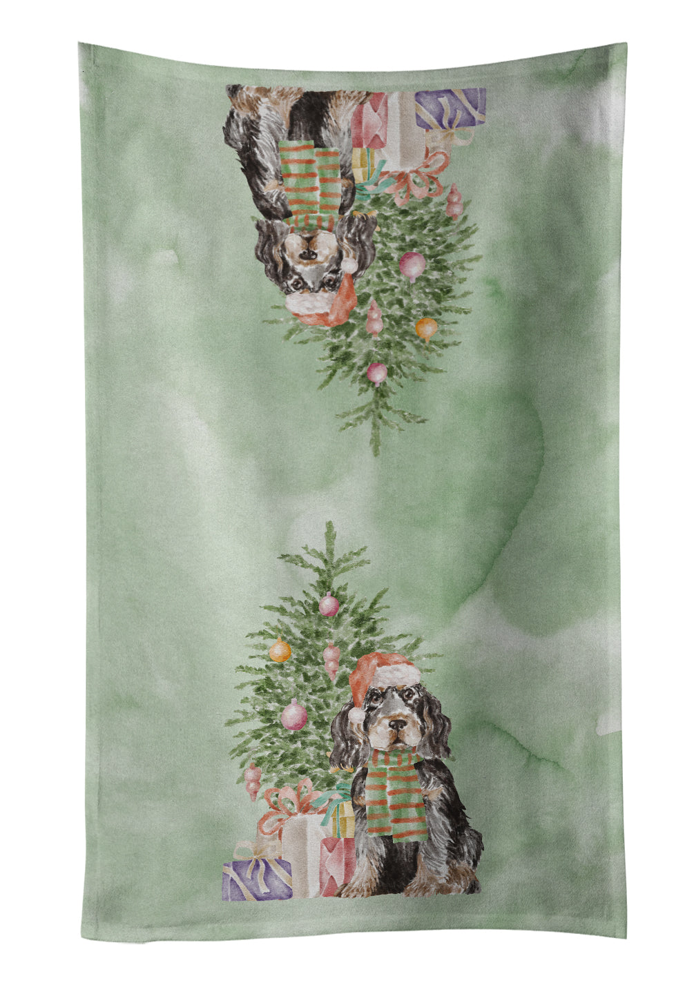 Cocker Spaniel English Black Tan Christmas Presents and Tree Kitchen Towel Velour Plush Front and Cotton Loop Back Machine Washable