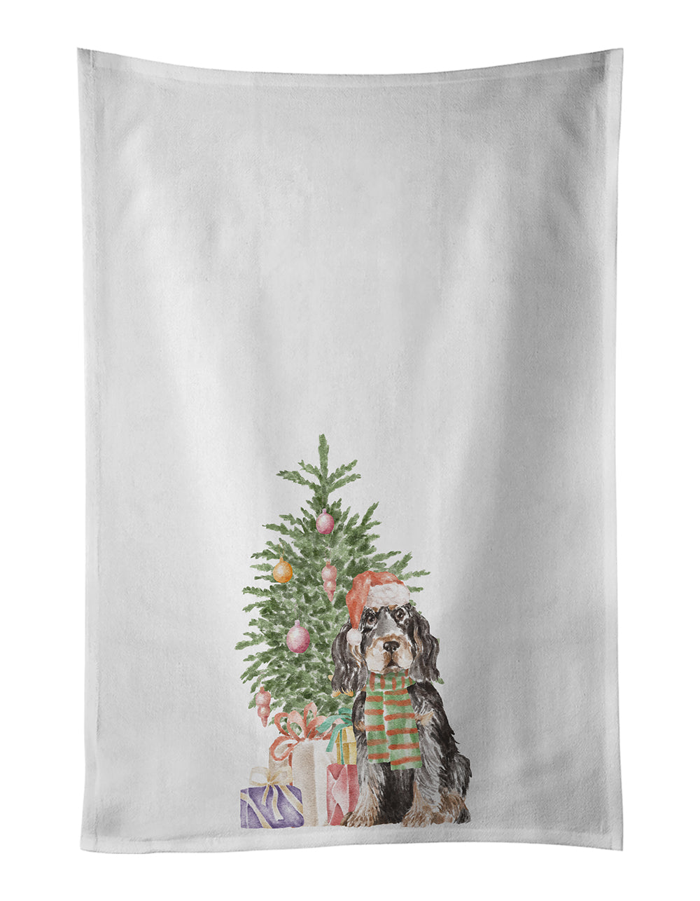 Cocker Spaniel English Black Tan Christmas Presents and Tree Kitchen Towel Set of 2 White Dish Towels Decorative Bathroom Hand towel for Hand, Face, Hair, Yoga, Tea, Dishcloth, 19 X 28", White