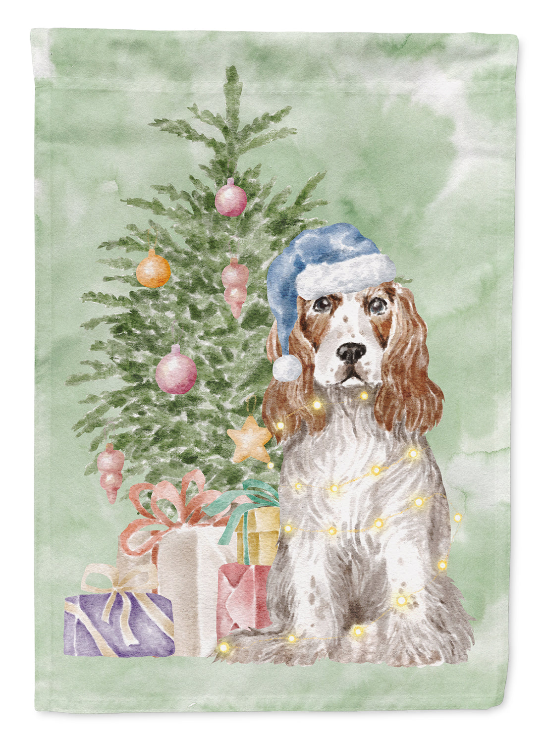 Cocker Spaniel English Red White Christmas Presents and Tree House Flag 28x40 Porch Sleeve Pole Decorative Outside Yard Banner Artwork Wall Hanging, Polyester