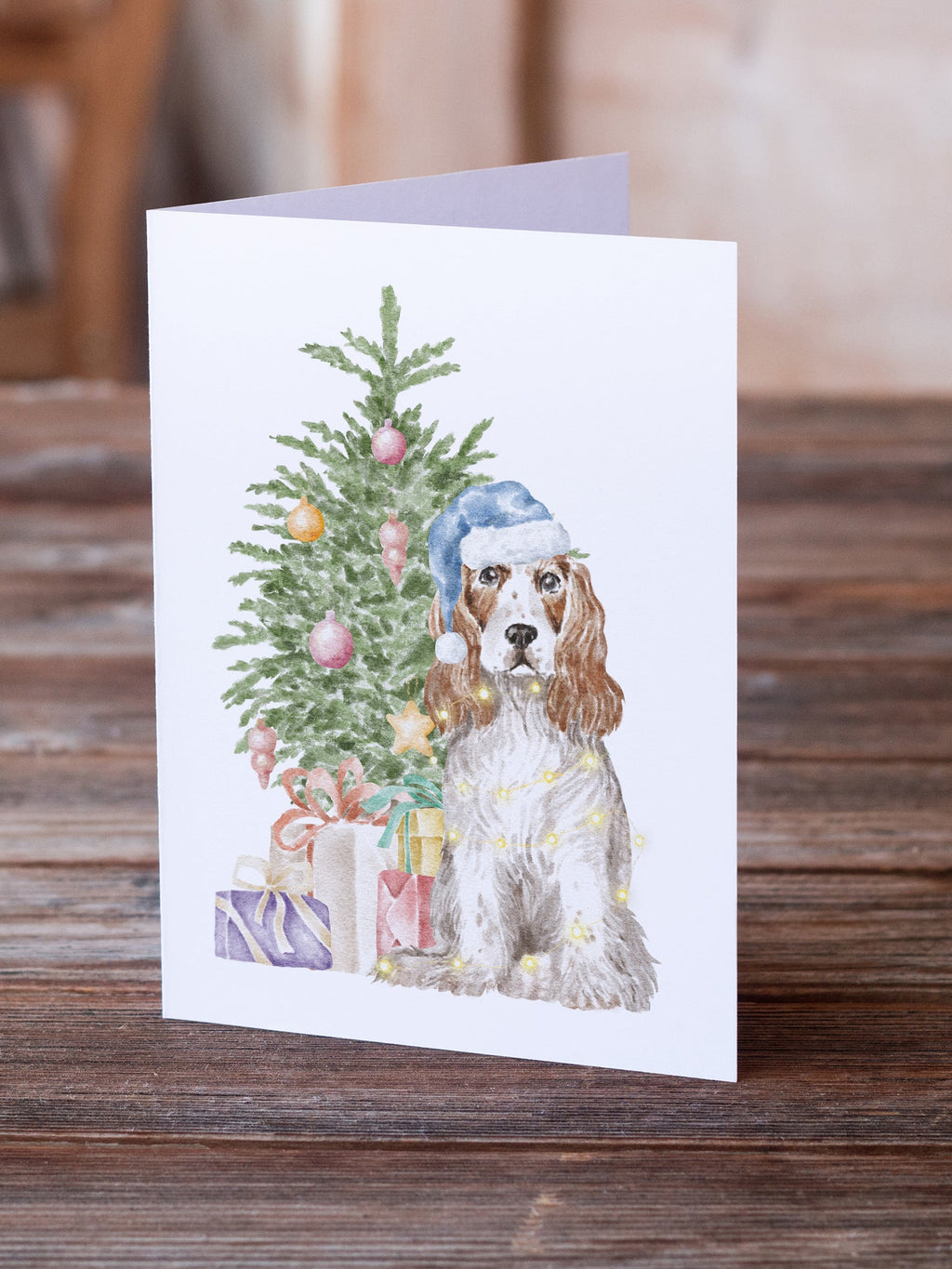 Cocker Spaniel English Red White Christmas Presents and Tree Greeting Cards Pack of 8 Blank Cards with Envelopes Whimsical A7 Size 5x7