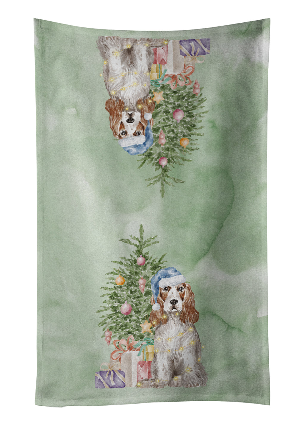 Cocker Spaniel English Red White Christmas Presents and Tree Kitchen Towel Velour Plush Front and Cotton Loop Back Machine Washable