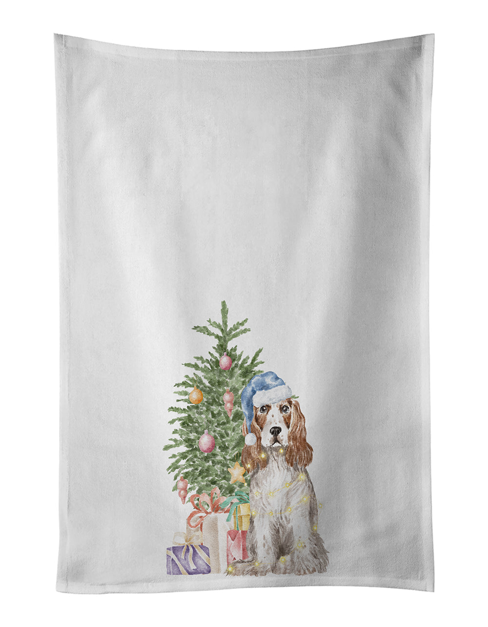 Cocker Spaniel English Red White Christmas Presents and Tree Kitchen Towel Set of 2 White Dish Towels Decorative Bathroom Hand towel for Hand, Face, Hair, Yoga, Tea, Dishcloth, 19 X 28", White