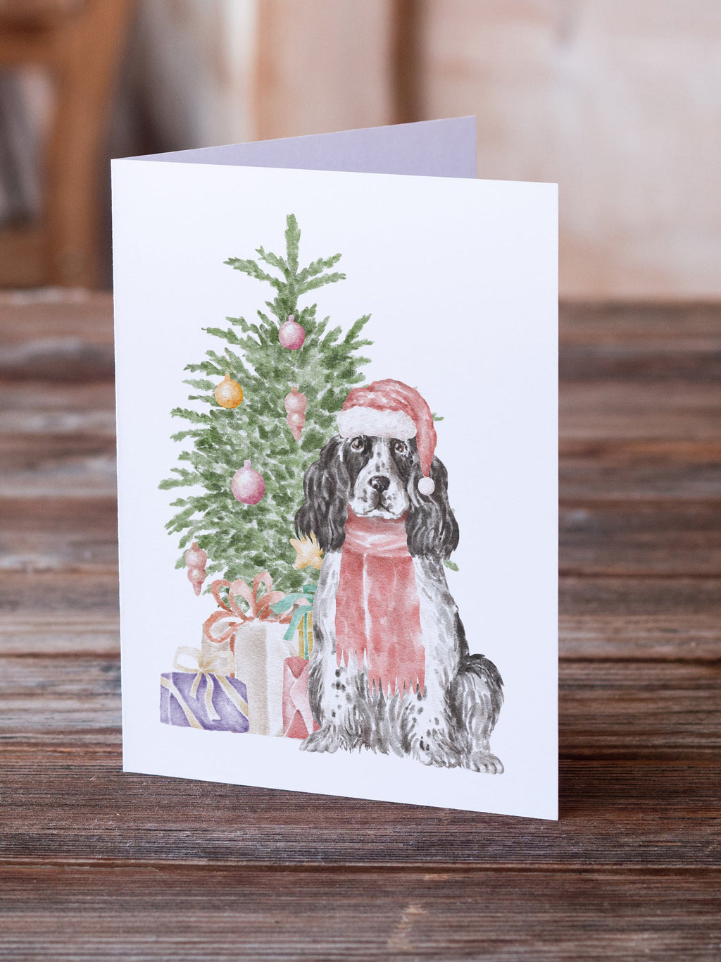 Cocker Spaniel English Black Parti Christmas Presents and Tree Greeting Cards Pack of 8 Blank Cards with Envelopes Whimsical A7 Size 5x7