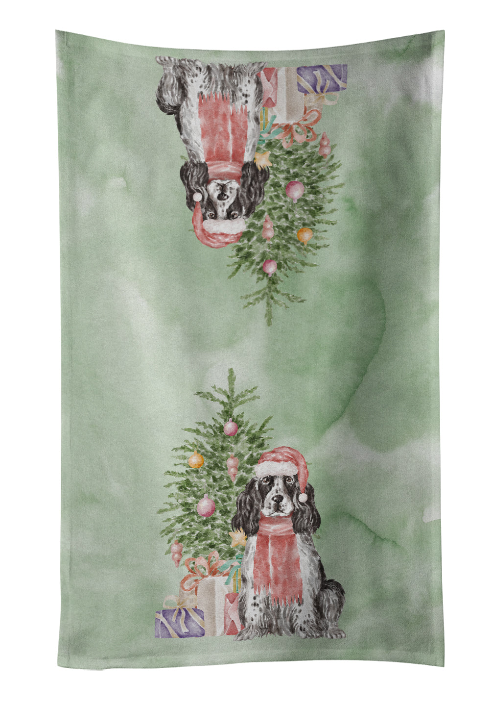 Cocker Spaniel English Black Parti Christmas Presents and Tree Kitchen Towel Velour Plush Front and Cotton Loop Back Machine Washable