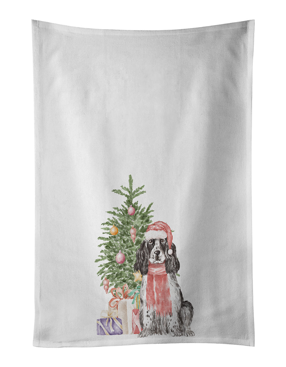 Cocker Spaniel English Black Parti Christmas Presents and Tree Kitchen Towel Set of 2 White Dish Towels Decorative Bathroom Hand towel for Hand, Face, Hair, Yoga, Tea, Dishcloth, 19 X 28", White