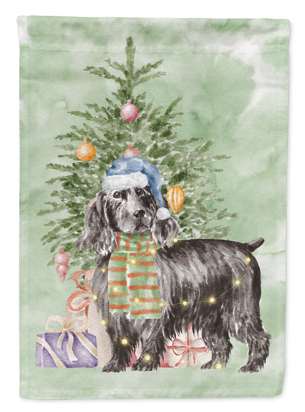 Cocker Spaniel English Black Christmas Presents and Tree House Flag 28x40 Porch Sleeve Pole Decorative Outside Yard Banner Artwork Wall Hanging, Polyester