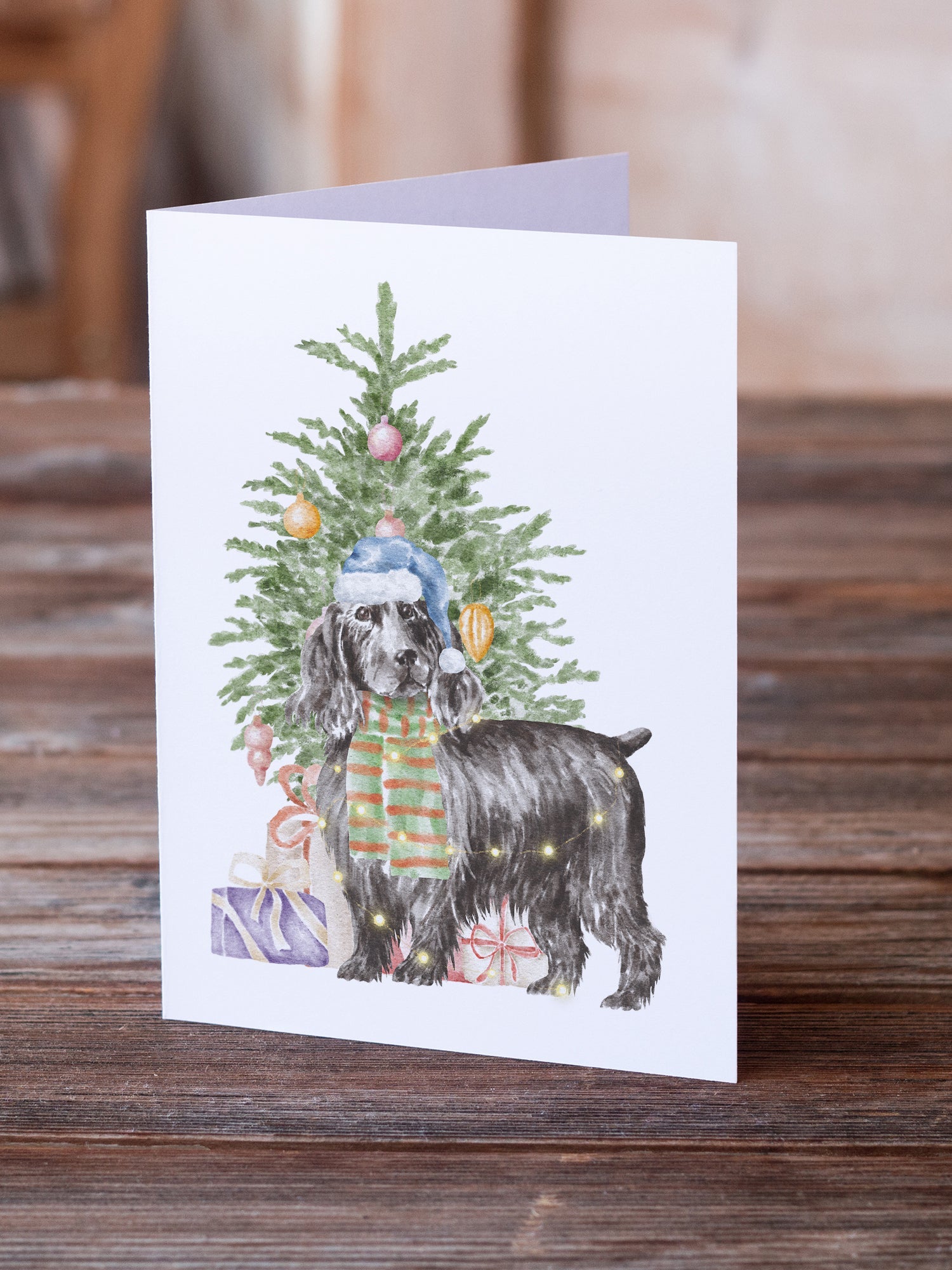 Cocker Spaniel English Black Christmas Presents and Tree Greeting Cards Pack of 8 Blank Cards with Envelopes Whimsical A7 Size 5x7