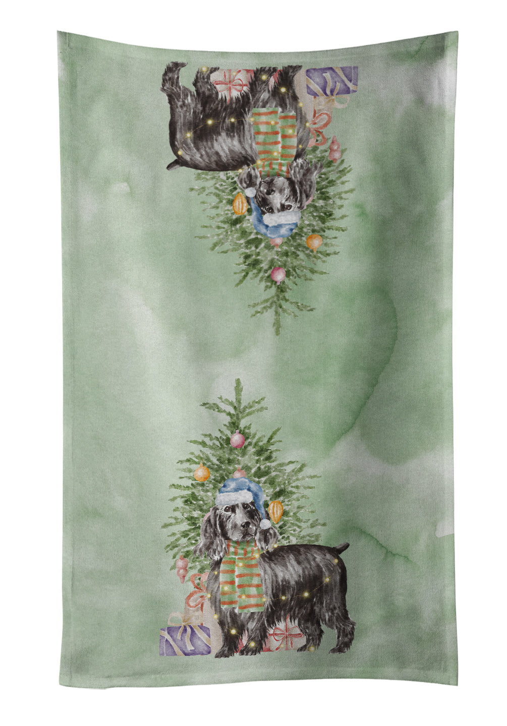 Cocker Spaniel English Black Christmas Presents and Tree Kitchen Towel Velour Plush Front and Cotton Loop Back Machine Washable
