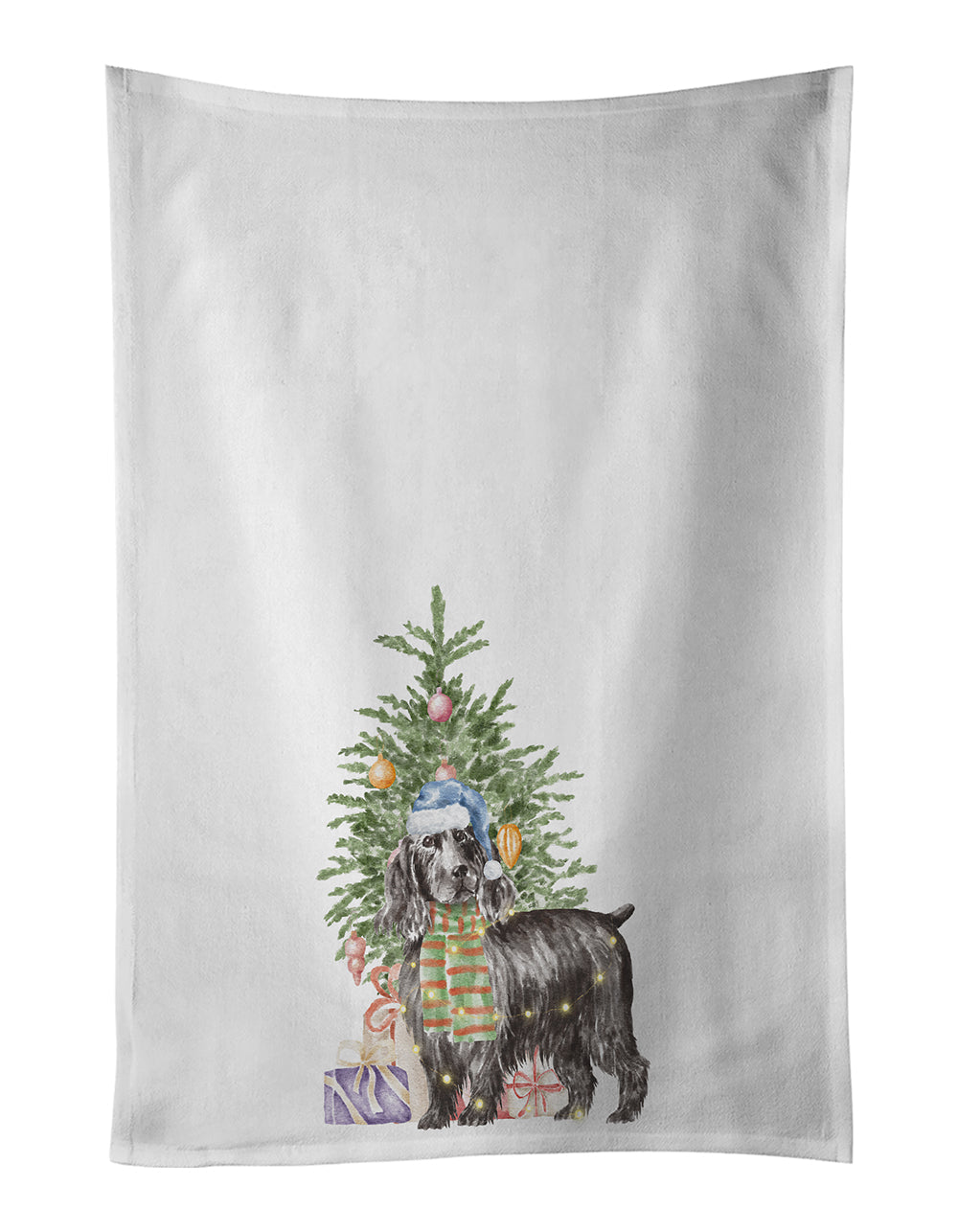 Cocker Spaniel English Black Christmas Presents and Tree Kitchen Towel Set of 2 White Dish Towels Decorative Bathroom Hand towel for Hand, Face, Hair, Yoga, Tea, Dishcloth, 19 X 28", White