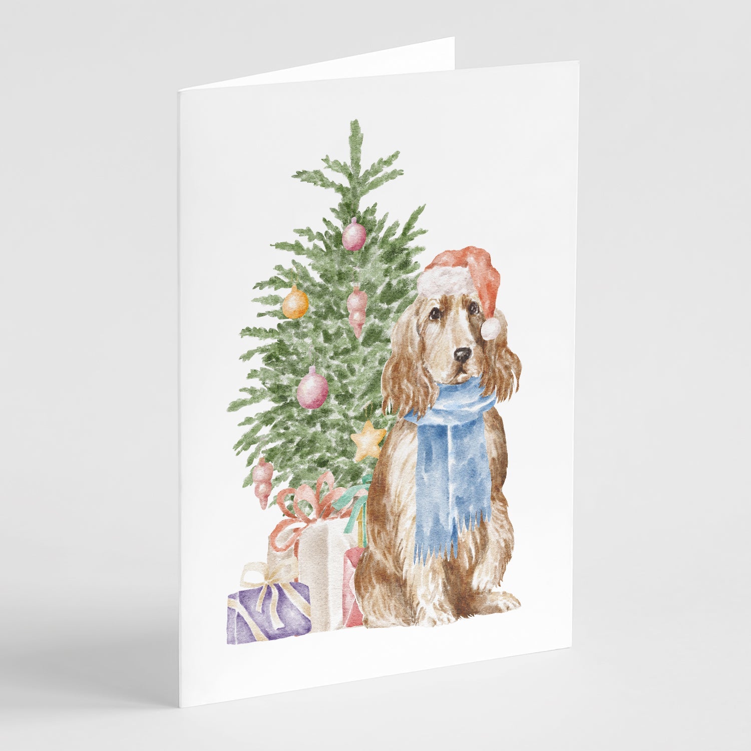 Cocker Spaniel English Tan Christmas Presents and Tree Greeting Cards Pack of 8 Blank Cards with Envelopes Whimsical A7 Size 5x7