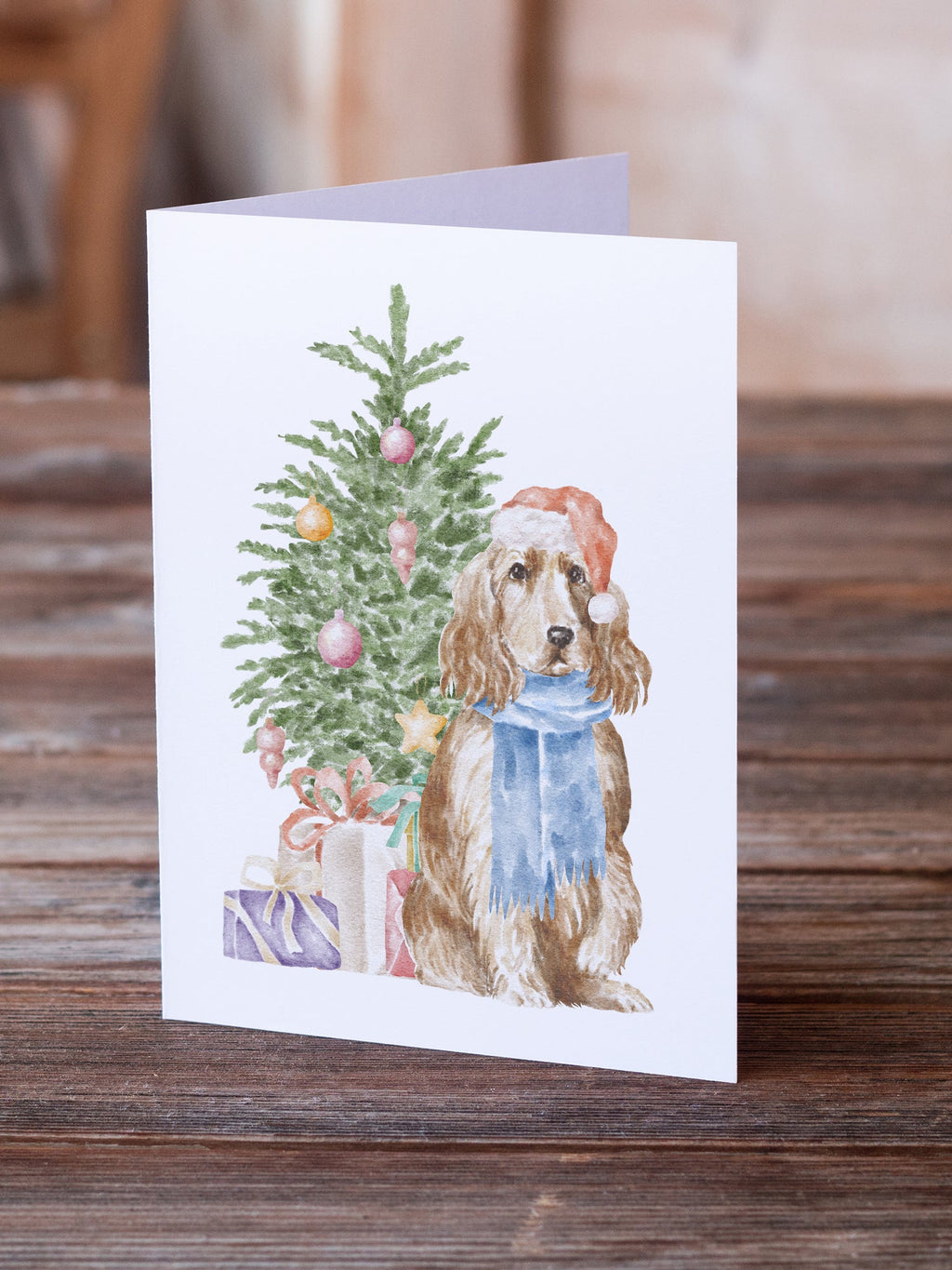 Cocker Spaniel English Tan Christmas Presents and Tree Greeting Cards Pack of 8 Blank Cards with Envelopes Whimsical A7 Size 5x7