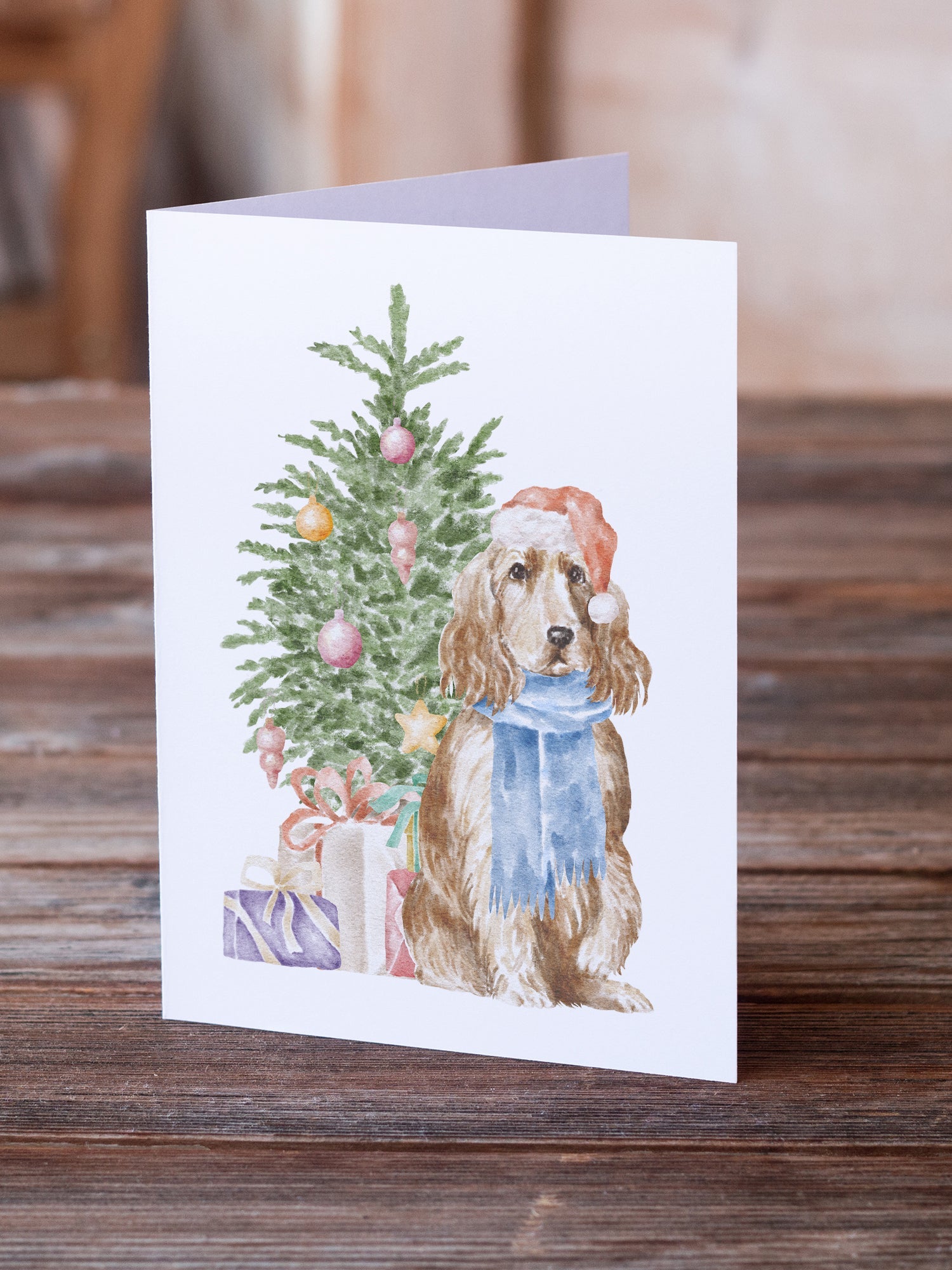 Cocker Spaniel English Tan Christmas Presents and Tree Greeting Cards Pack of 8 Blank Cards with Envelopes Whimsical A7 Size 5x7