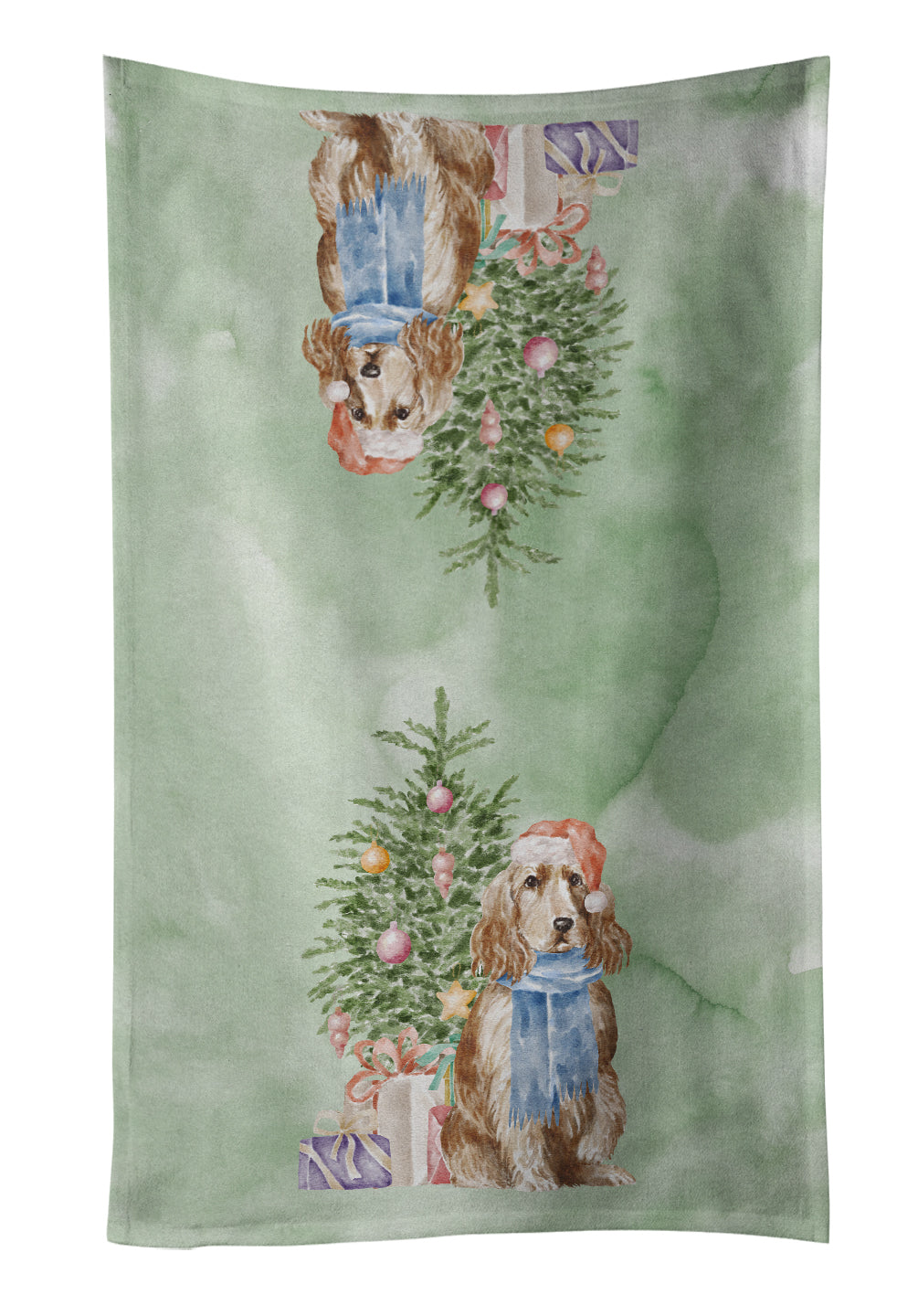 Cocker Spaniel English Tan Christmas Presents and Tree Kitchen Towel Velour Plush Front and Cotton Loop Back Machine Washable