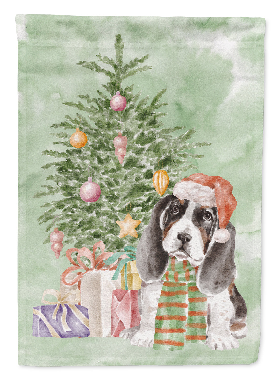 Basset Hound Puppy Christmas Presents and Tree House Flag 28x40 Porch Sleeve Pole Decorative Outside Yard Banner Artwork Wall Hanging, Polyester