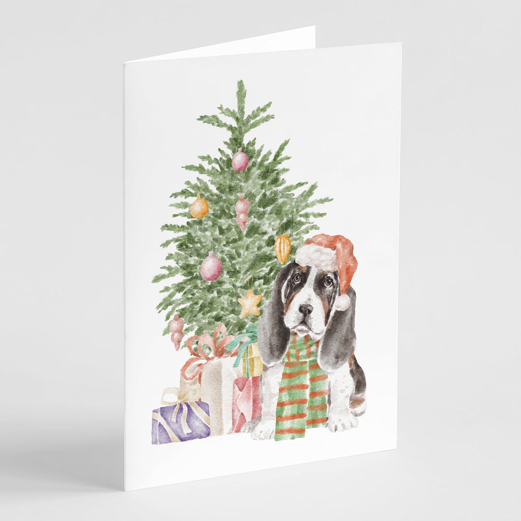Basset Hound Puppy Christmas Presents and Tree Greeting Cards Pack of 8 Blank Cards with Envelopes Whimsical A7 Size 5x7