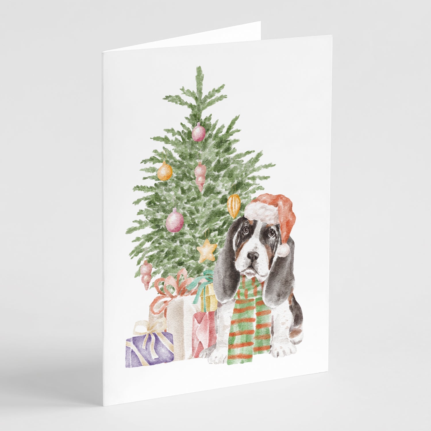 Basset Hound Puppy Christmas Presents and Tree Greeting Cards Pack of 8 Blank Cards with Envelopes Whimsical A7 Size 5x7