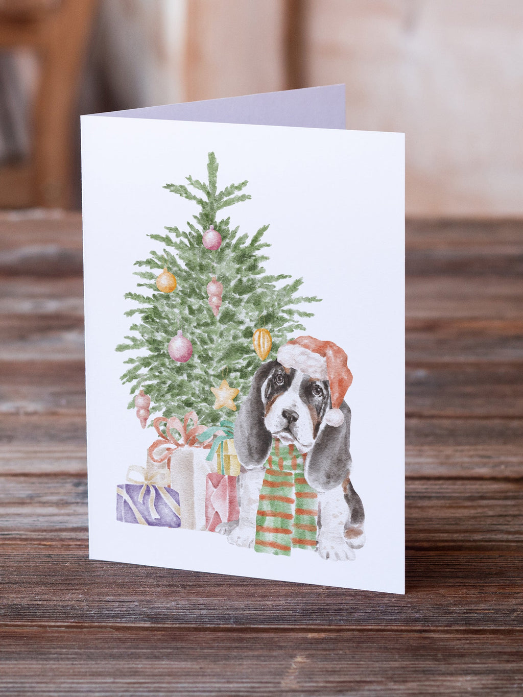 Basset Hound Puppy Christmas Presents and Tree Greeting Cards Pack of 8 Blank Cards with Envelopes Whimsical A7 Size 5x7