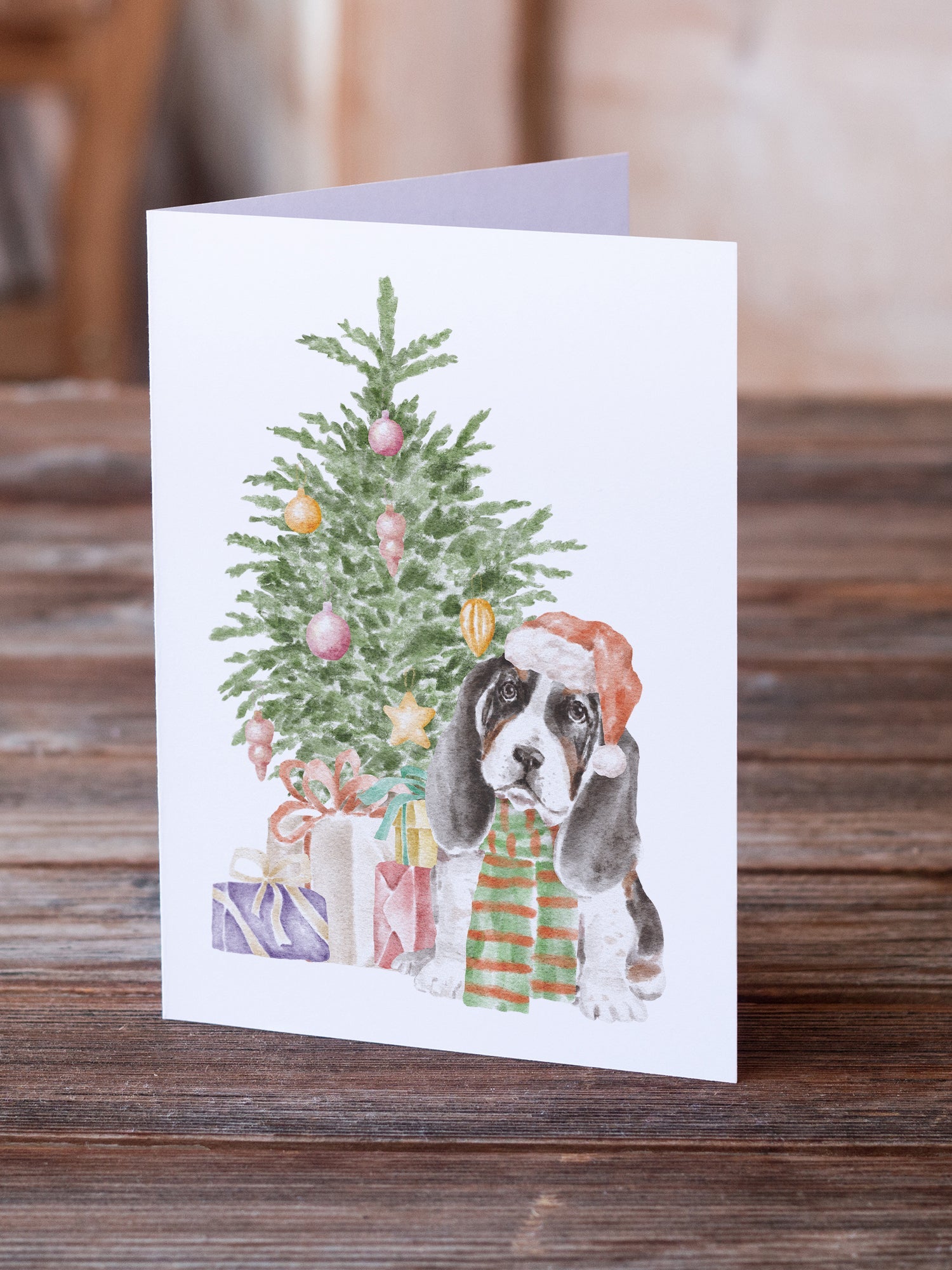 Basset Hound Puppy Christmas Presents and Tree Greeting Cards Pack of 8 Blank Cards with Envelopes Whimsical A7 Size 5x7