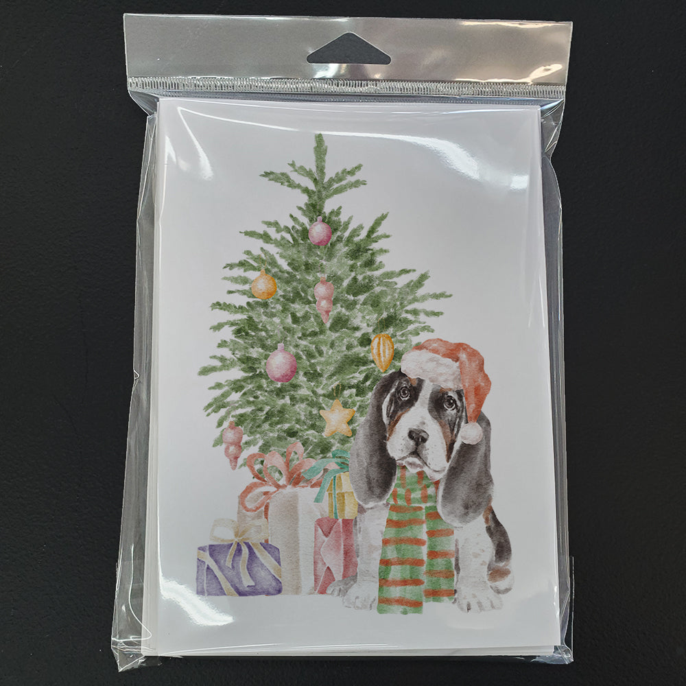 Basset Hound Puppy Christmas Presents and Tree Greeting Cards Pack of 8 Blank Cards with Envelopes Whimsical A7 Size 5x7