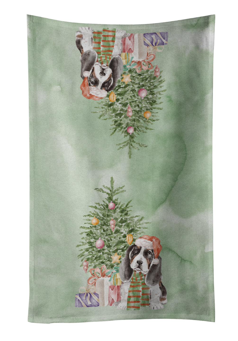 Basset Hound Puppy Christmas Presents and Tree Kitchen Towel Velour Plush Front and Cotton Loop Back Machine Washable