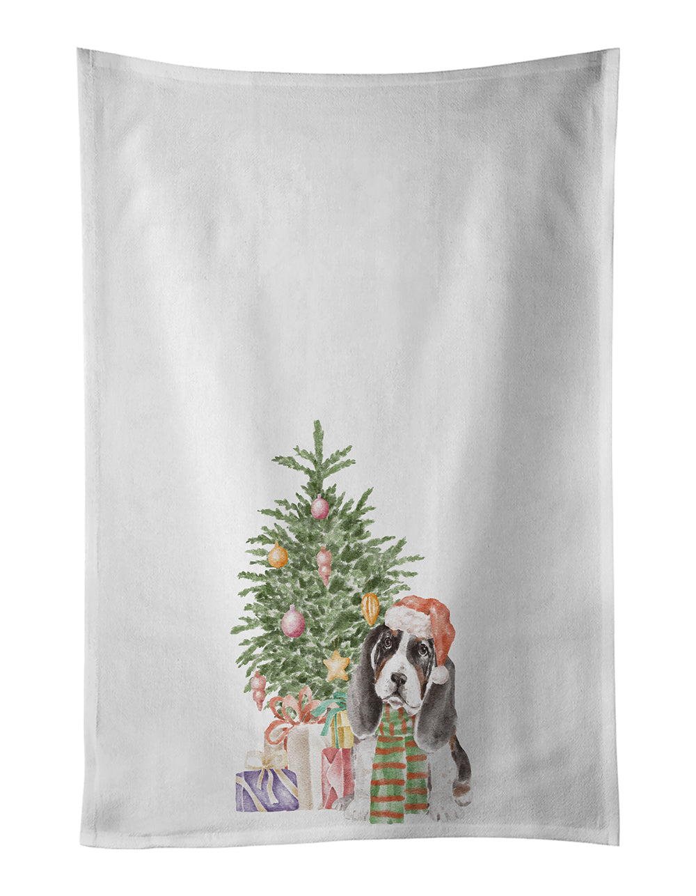 Basset Hound Puppy Christmas Presents and Tree Kitchen Towel Set of 2 White Dish Towels Decorative Bathroom Hand towel for Hand, Face, Hair, Yoga, Tea, Dishcloth, 19 X 28", White