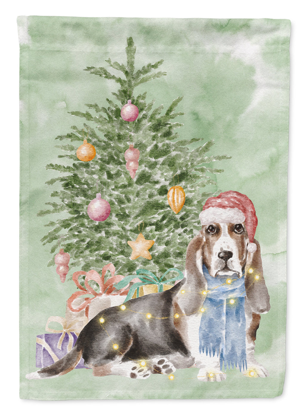 Basset Hound Christmas Presents and Tree House Flag 28x40 Porch Sleeve Pole Decorative Outside Yard Banner Artwork Wall Hanging, Polyester