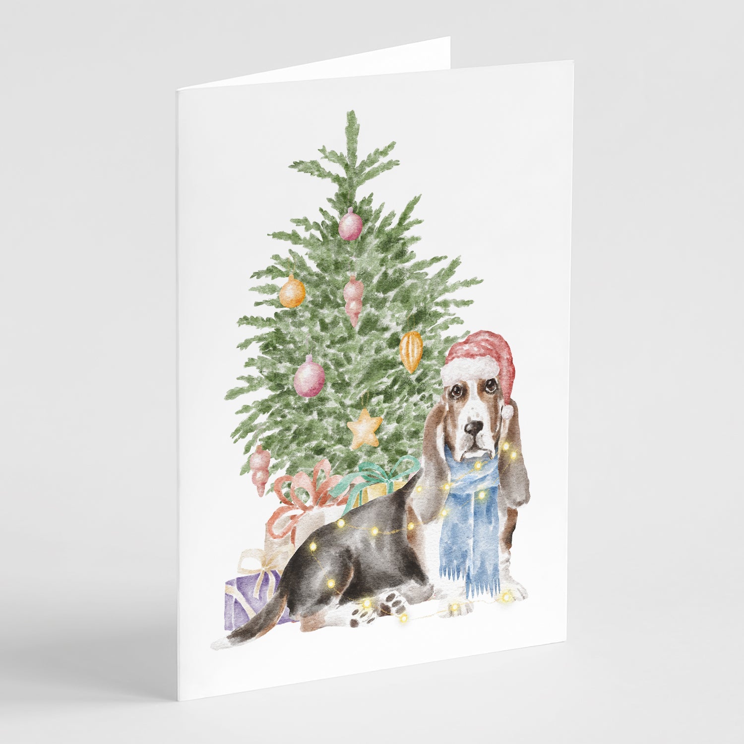 Basset Hound Christmas Presents and Tree Greeting Cards Pack of 8 Blank Cards with Envelopes Whimsical A7 Size 5x7