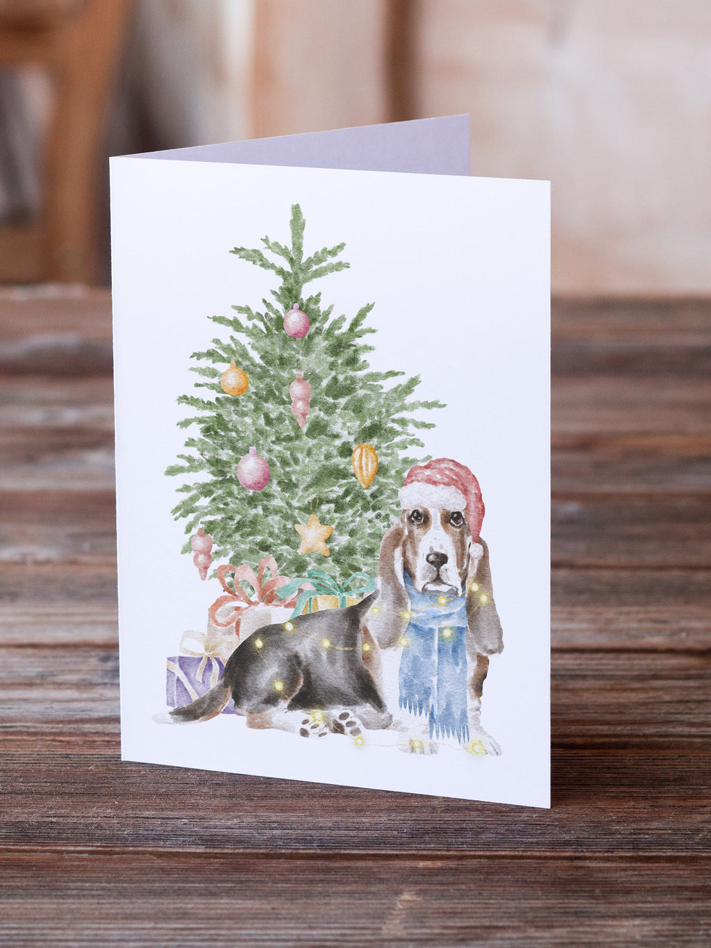 Basset Hound Christmas Presents and Tree Greeting Cards Pack of 8 Blank Cards with Envelopes Whimsical A7 Size 5x7