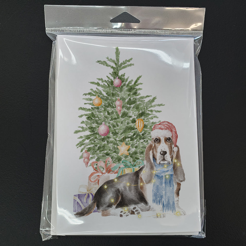 Basset Hound Christmas Presents and Tree Greeting Cards Pack of 8 Blank Cards with Envelopes Whimsical A7 Size 5x7