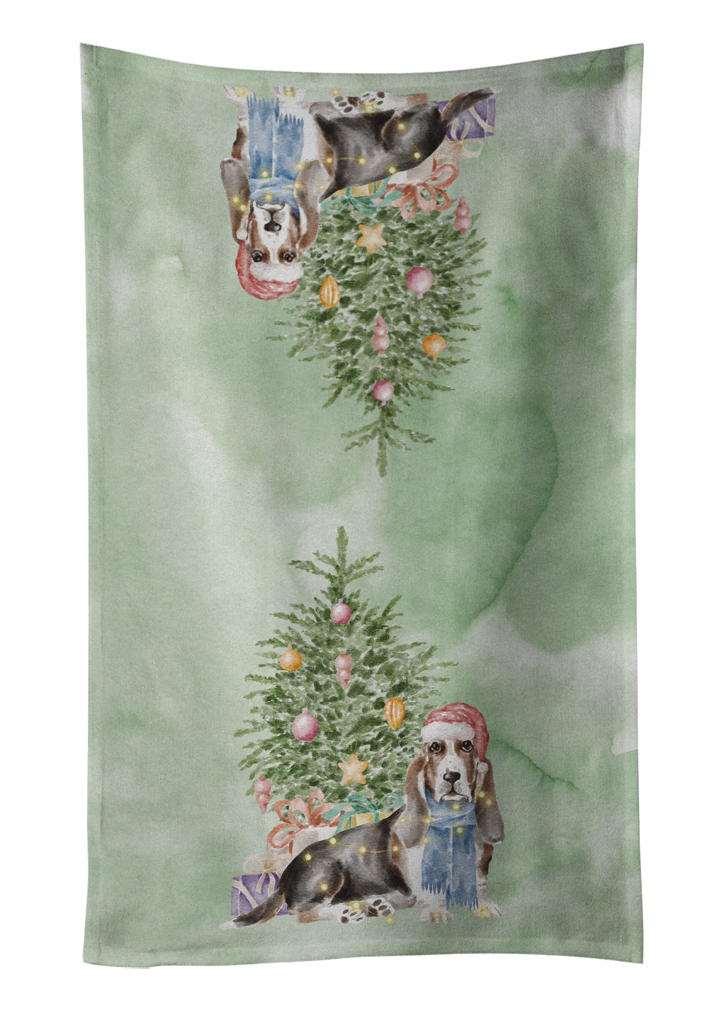 Basset Hound Christmas Presents and Tree Kitchen Towel Velour Plush Front and Cotton Loop Back Machine Washable