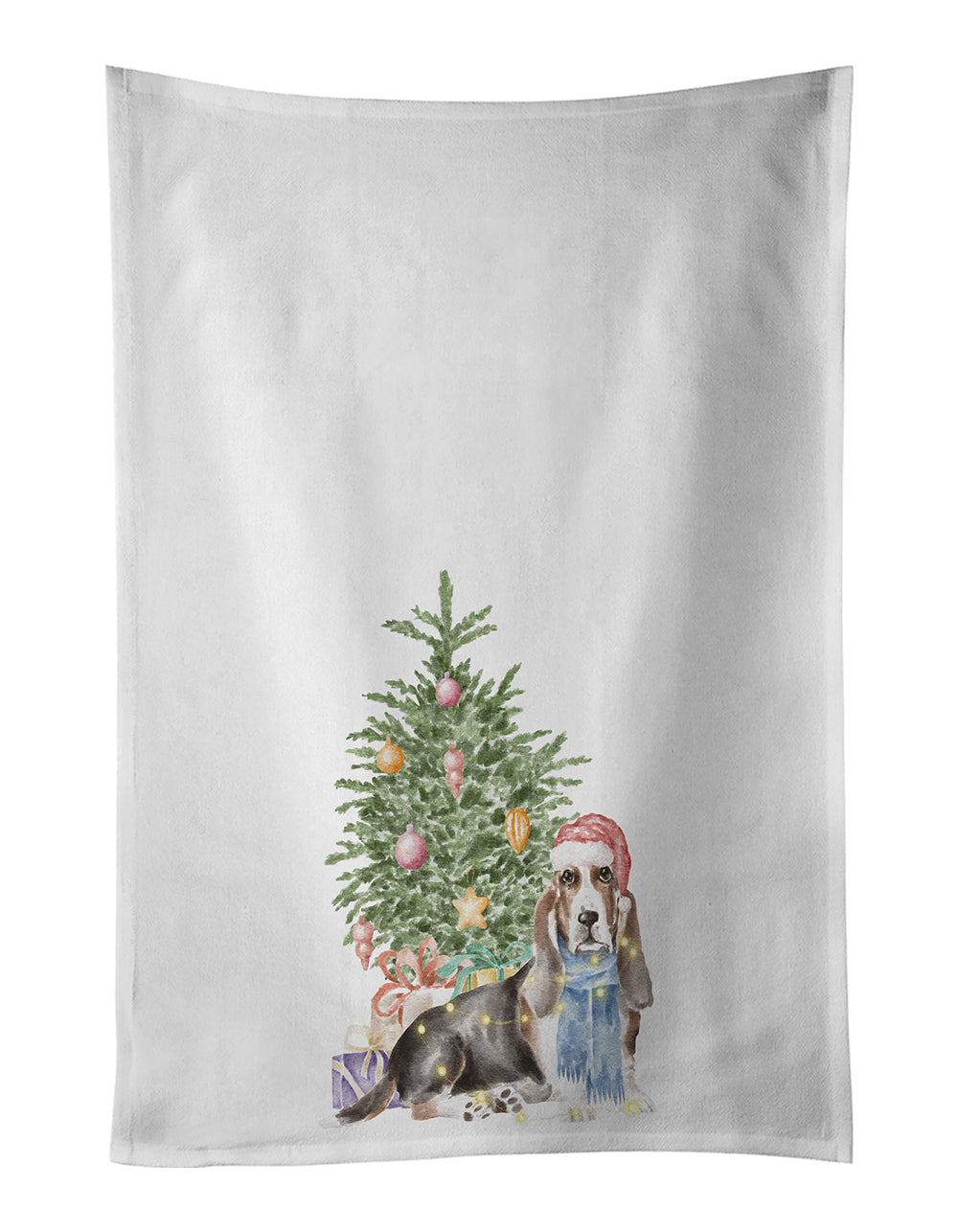 Basset Hound Christmas Presents and Tree Kitchen Towel Set of 2 White Dish Towels Decorative Bathroom Hand towel for Hand, Face, Hair, Yoga, Tea, Dishcloth, 19 X 28", White