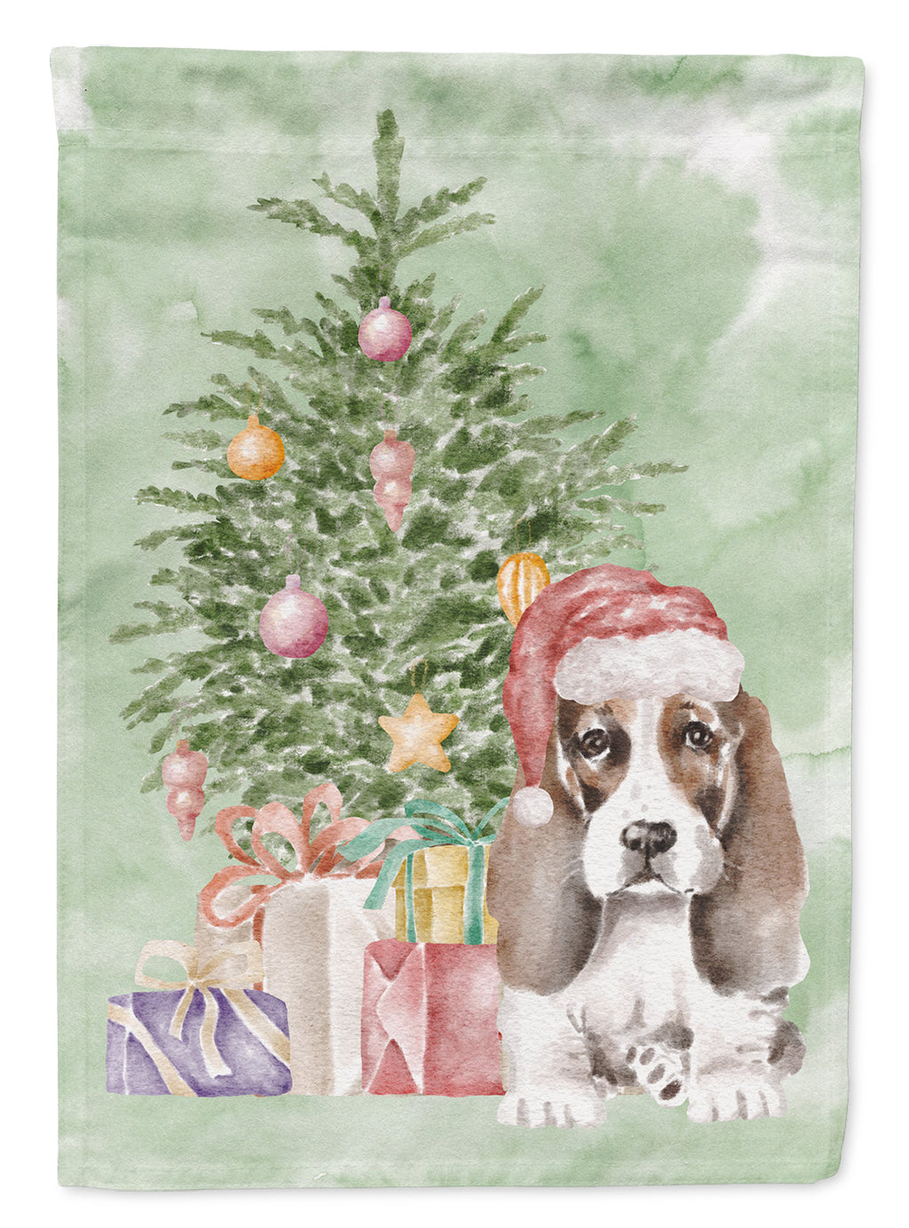 Basset Hound Puppy #2 Christmas Presents and Tree House Flag 28x40 Porch Sleeve Pole Decorative Outside Yard Banner Artwork Wall Hanging, Polyester