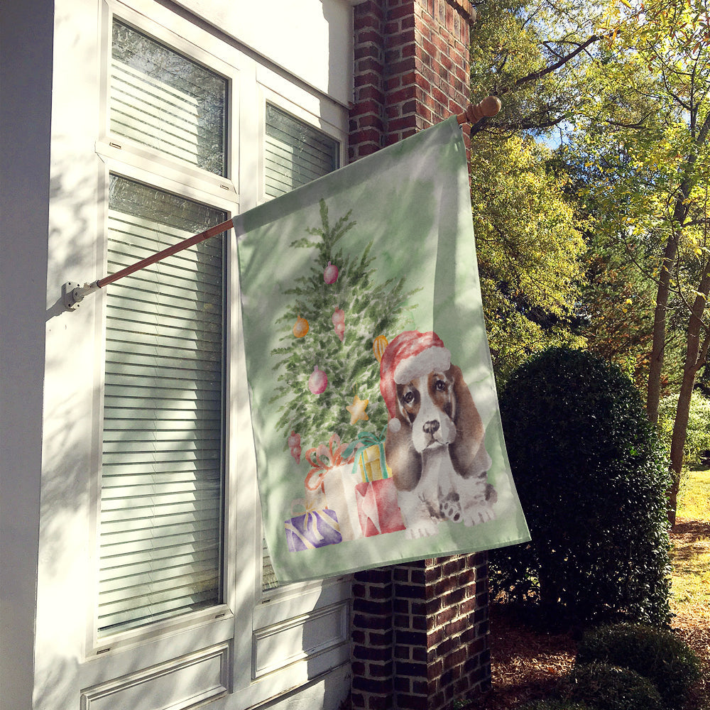Basset Hound Puppy #2 Christmas Presents and Tree House Flag 28x40 Porch Sleeve Pole Decorative Outside Yard Banner Artwork Wall Hanging, Polyester