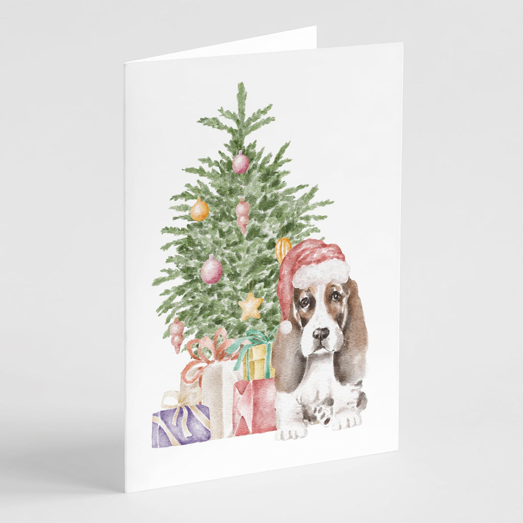 Basset Hound Puppy #2 Christmas Presents and Tree Greeting Cards Pack of 8 Blank Cards with Envelopes Whimsical A7 Size 5x7