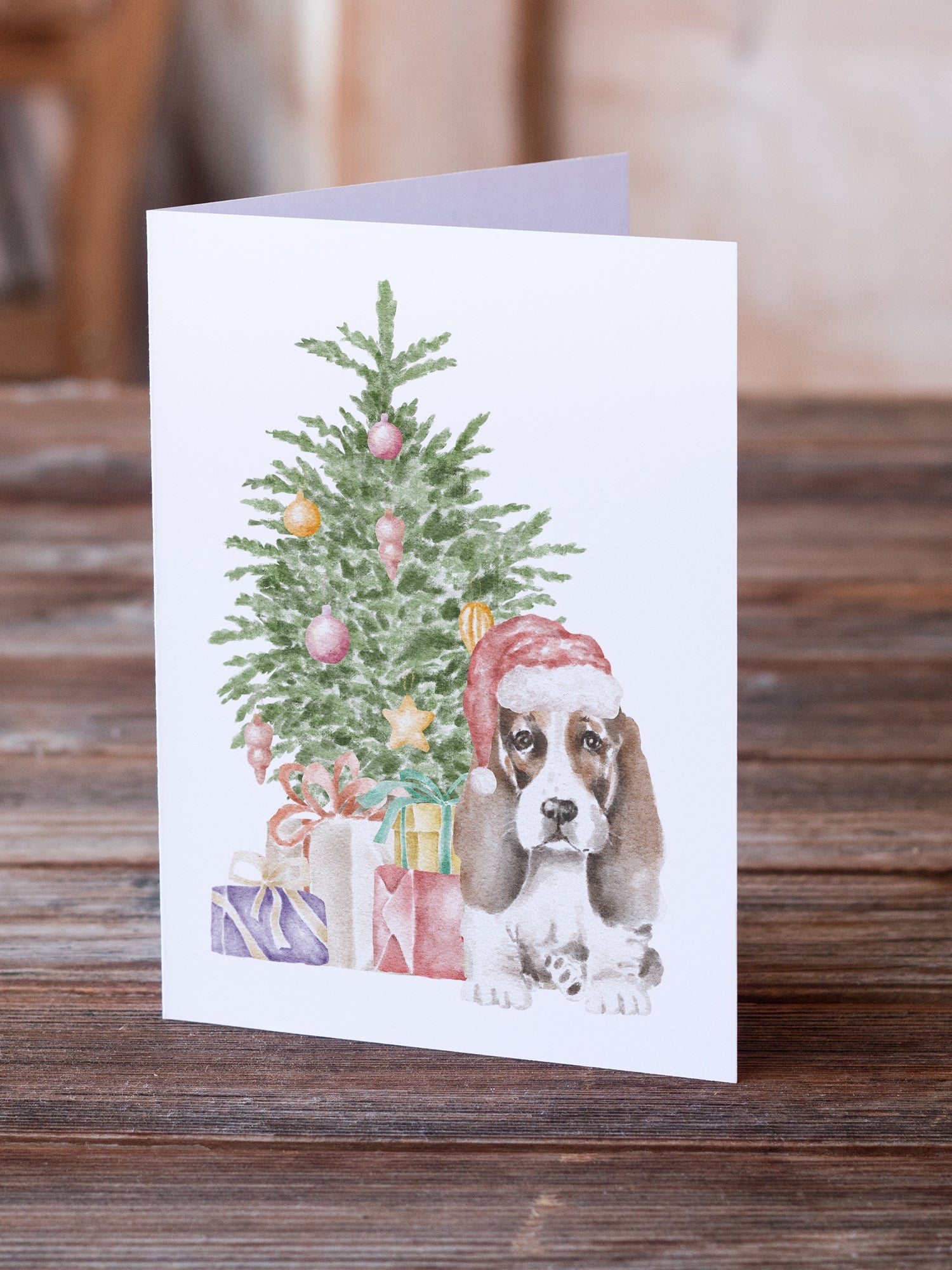 Basset Hound Puppy #2 Christmas Presents and Tree Greeting Cards Pack of 8 Blank Cards with Envelopes Whimsical A7 Size 5x7