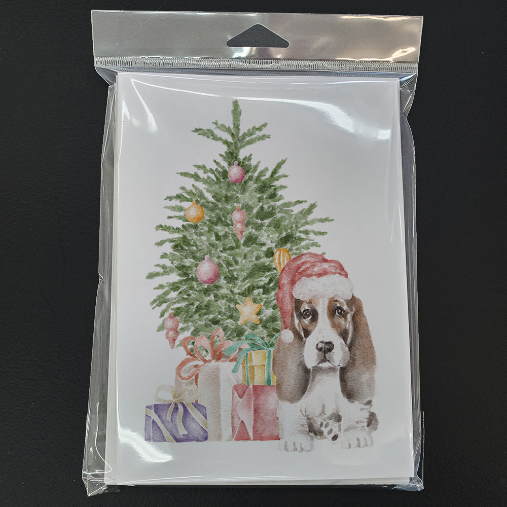Basset Hound Puppy #2 Christmas Presents and Tree Greeting Cards Pack of 8 Blank Cards with Envelopes Whimsical A7 Size 5x7