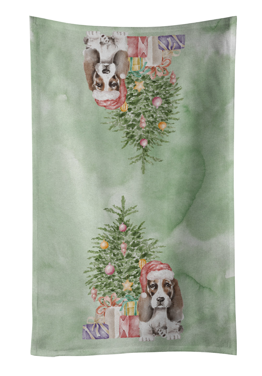 Basset Hound Puppy #2 Christmas Presents and Tree Kitchen Towel Velour Plush Front and Cotton Loop Back Machine Washable