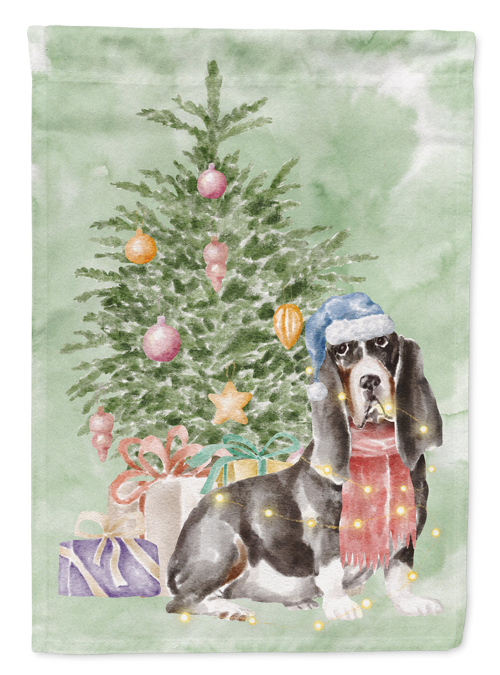 Basset Hound #2 Christmas Presents and Tree House Flag 28x40 Porch Sleeve Pole Decorative Outside Yard Banner Artwork Wall Hanging, Polyester