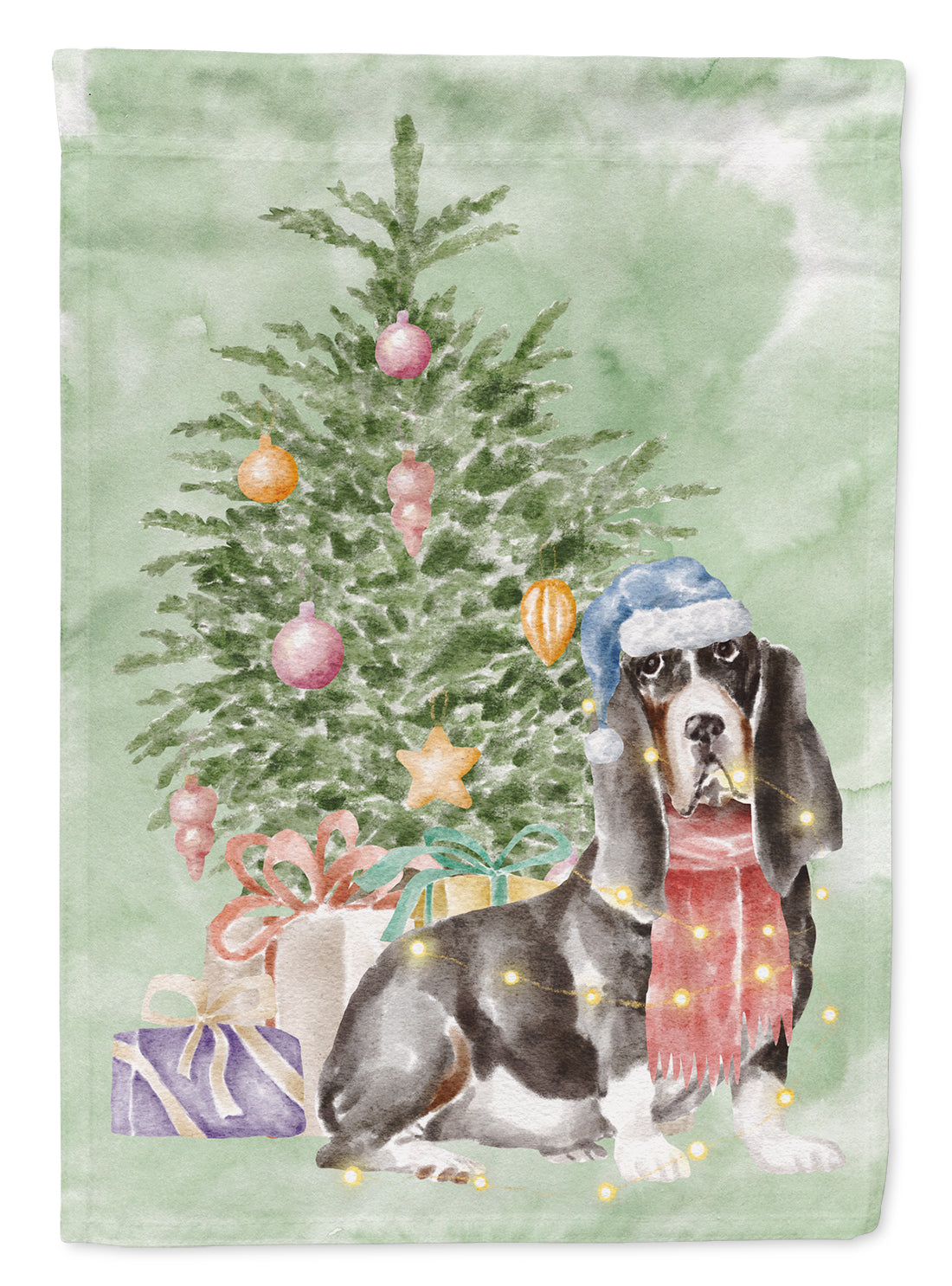Basset Hound #2 Christmas Presents and Tree House Flag 28x40 Porch Sleeve Pole Decorative Outside Yard Banner Artwork Wall Hanging, Polyester