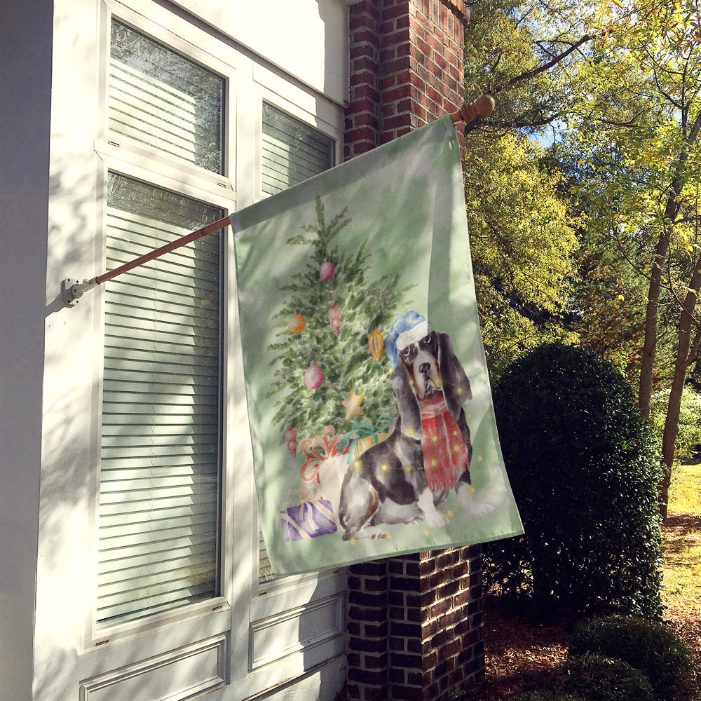 Basset Hound #2 Christmas Presents and Tree House Flag 28x40 Porch Sleeve Pole Decorative Outside Yard Banner Artwork Wall Hanging, Polyester
