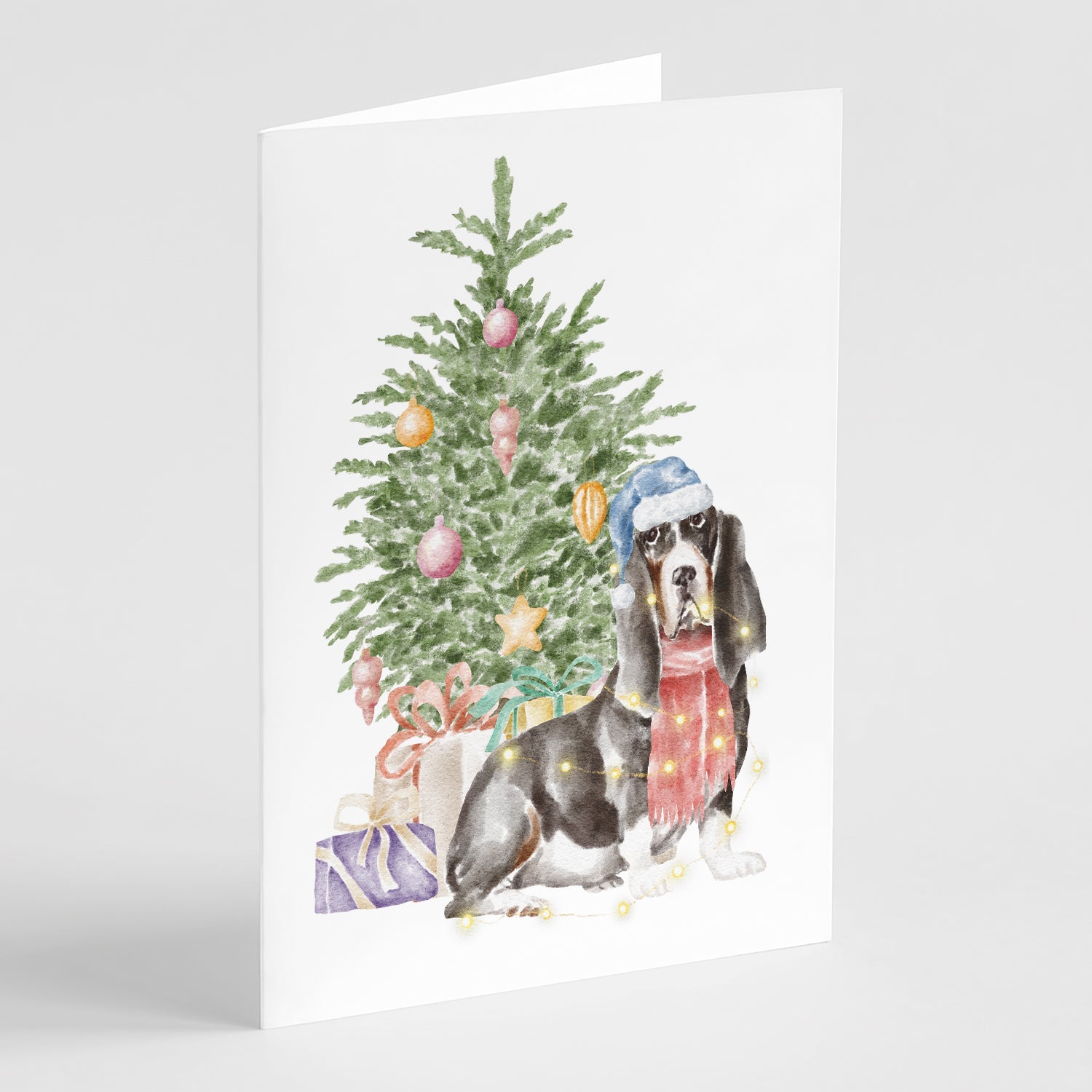 Basset Hound #2 Christmas Presents and Tree Greeting Cards Pack of 8 Blank Cards with Envelopes Whimsical A7 Size 5x7