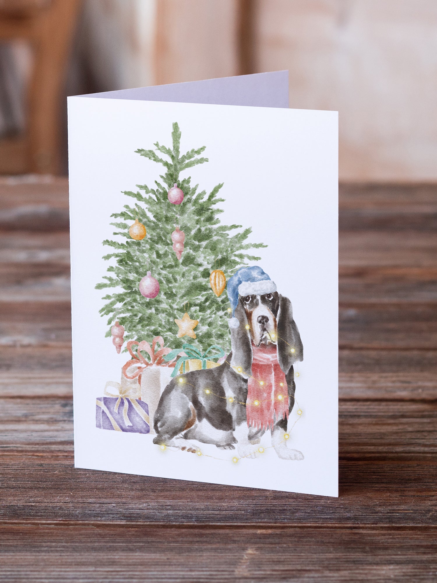 Basset Hound #2 Christmas Presents and Tree Greeting Cards Pack of 8 Blank Cards with Envelopes Whimsical A7 Size 5x7