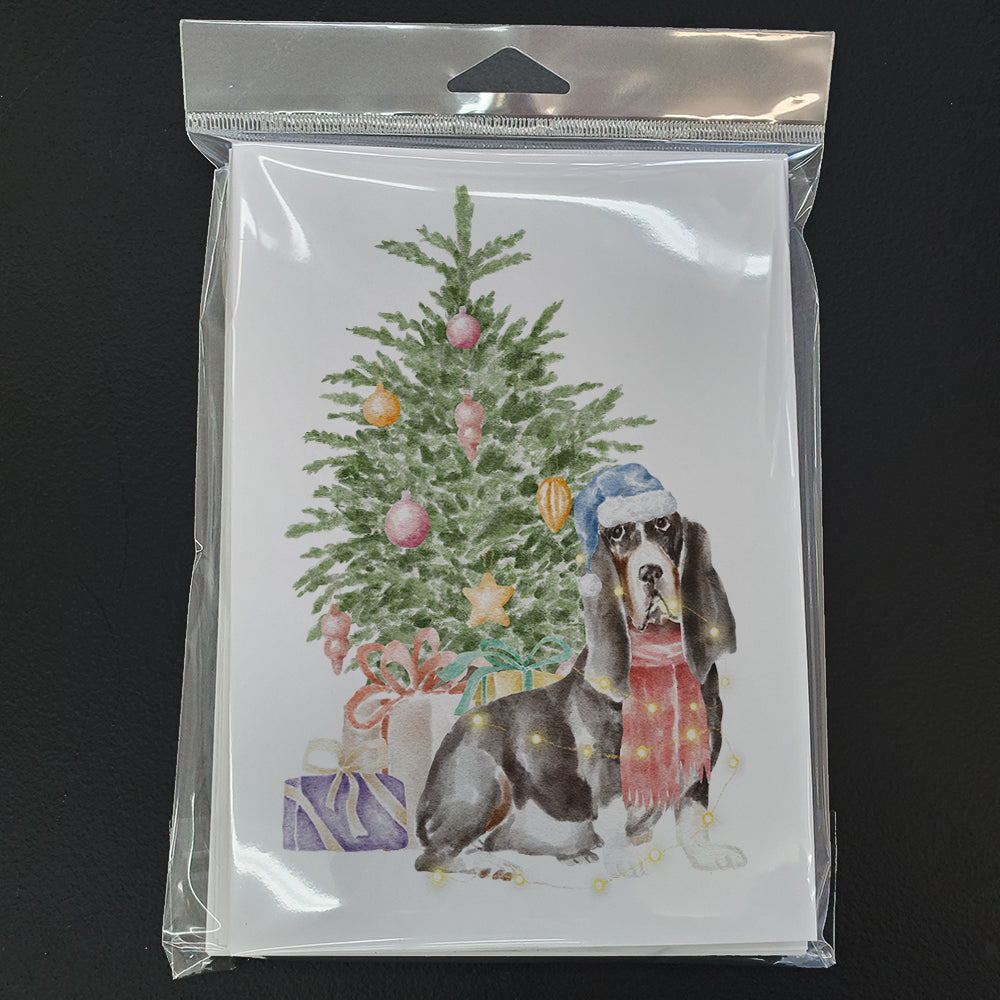 Basset Hound #2 Christmas Presents and Tree Greeting Cards Pack of 8 Blank Cards with Envelopes Whimsical A7 Size 5x7