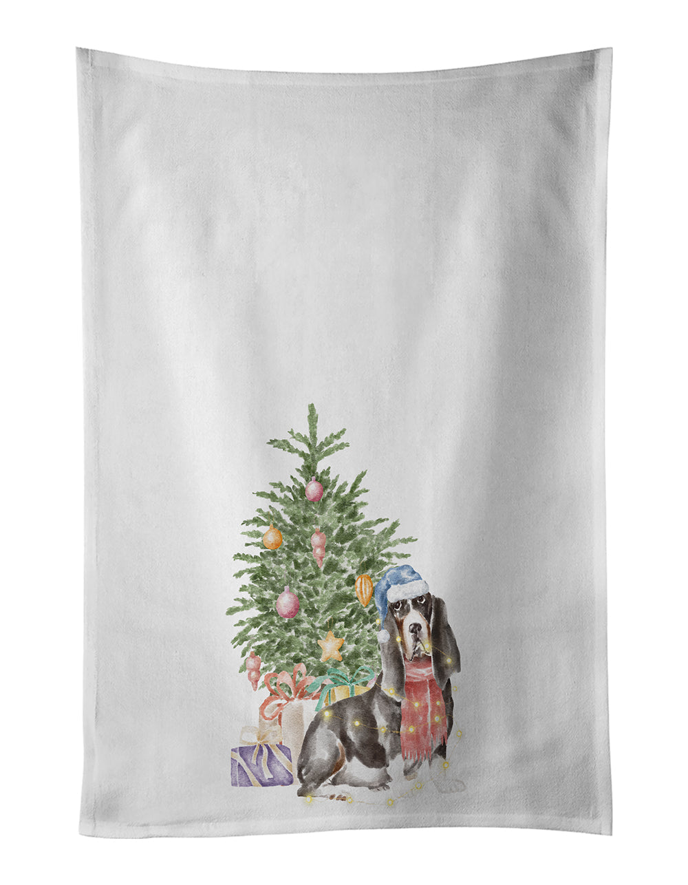 Basset Hound #2 Christmas Presents and Tree Kitchen Towel Set of 2 White Dish Towels Decorative Bathroom Hand towel for Hand, Face, Hair, Yoga, Tea, Dishcloth, 19 X 28", White