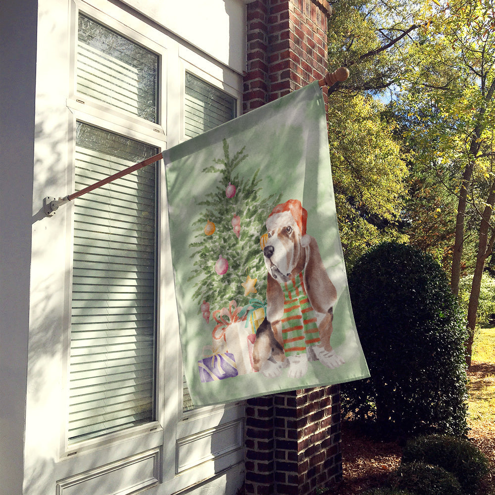 Basset Hound #3 Christmas Presents and Tree House Flag 28x40 Porch Sleeve Pole Decorative Outside Yard Banner Artwork Wall Hanging, Polyester