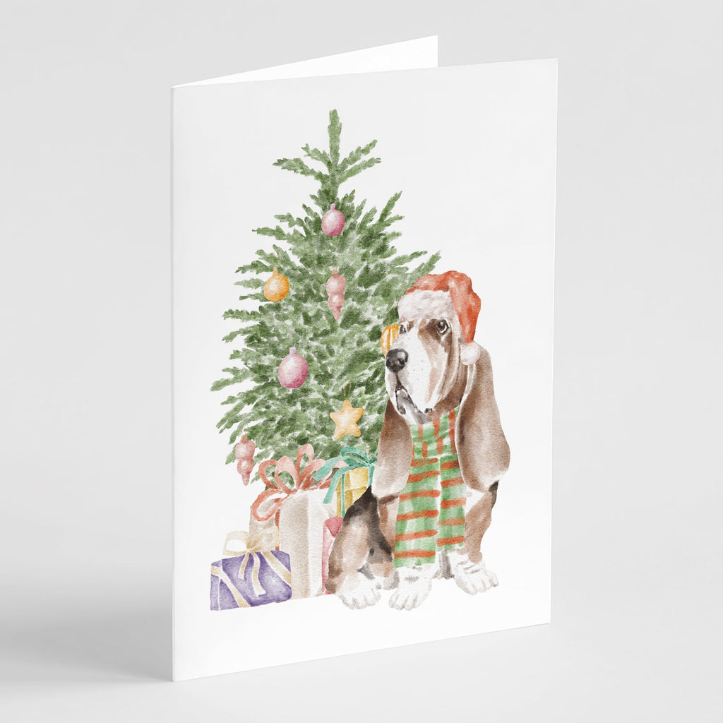 Basset Hound #3 Christmas Presents and Tree Greeting Cards Pack of 8 Blank Cards with Envelopes Whimsical A7 Size 5x7