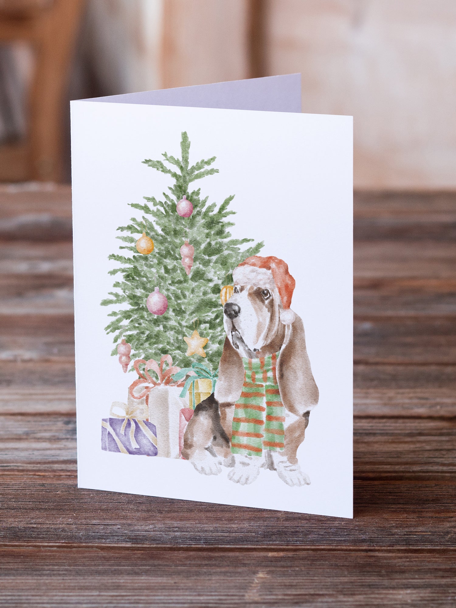 Basset Hound #3 Christmas Presents and Tree Greeting Cards Pack of 8 Blank Cards with Envelopes Whimsical A7 Size 5x7