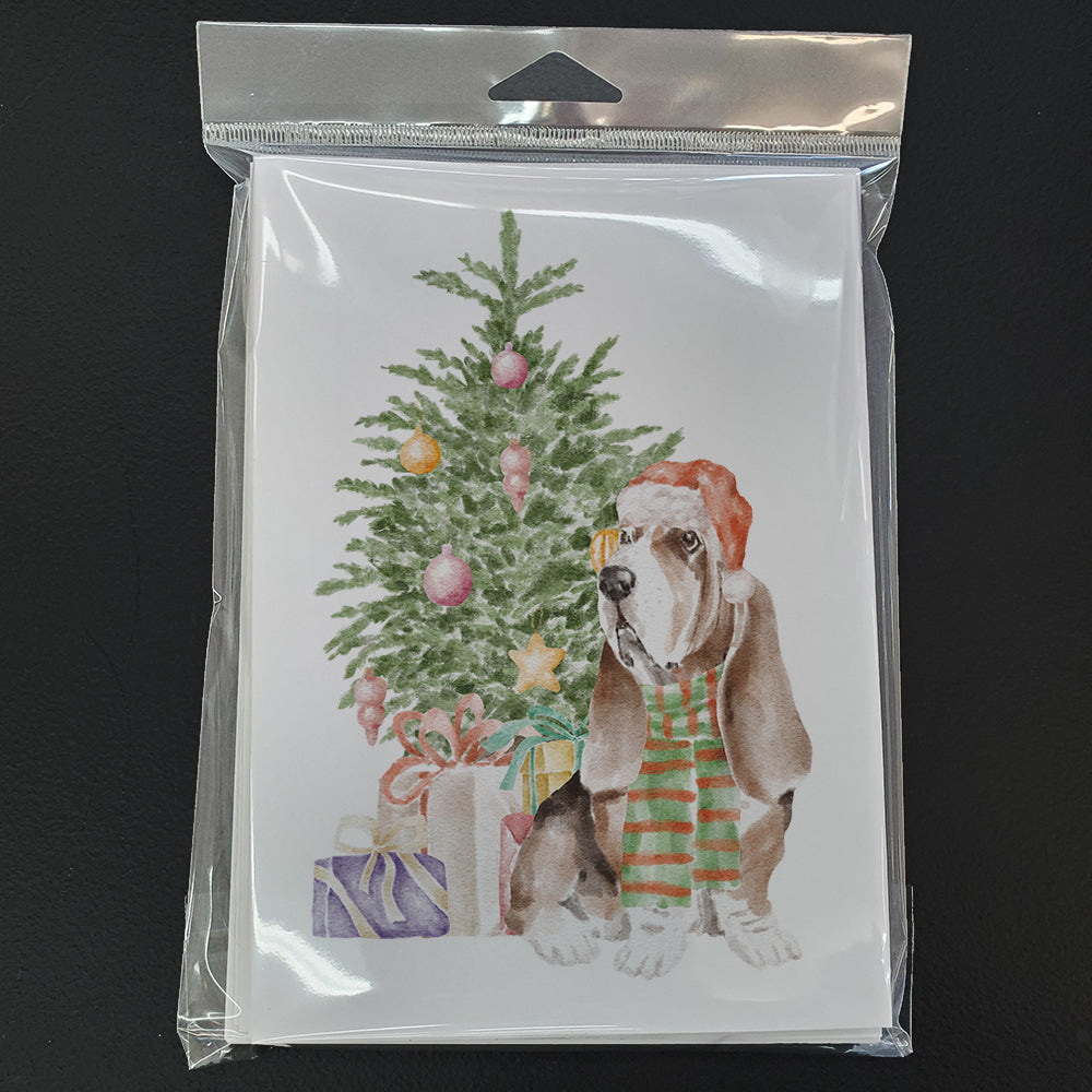 Basset Hound #3 Christmas Presents and Tree Greeting Cards Pack of 8 Blank Cards with Envelopes Whimsical A7 Size 5x7