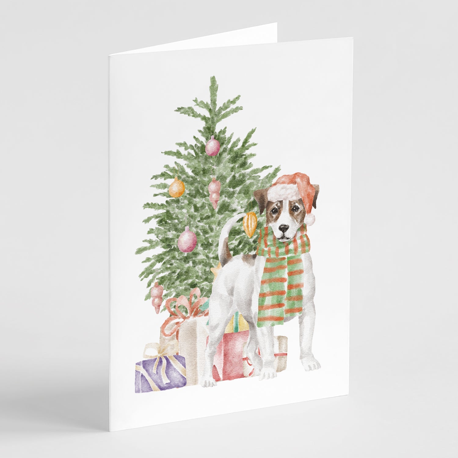 Jack Russell Terrier Smooth Christmas Presents and Tree Greeting Cards Pack of 8 Blank Cards with Envelopes Whimsical A7 Size 5x7